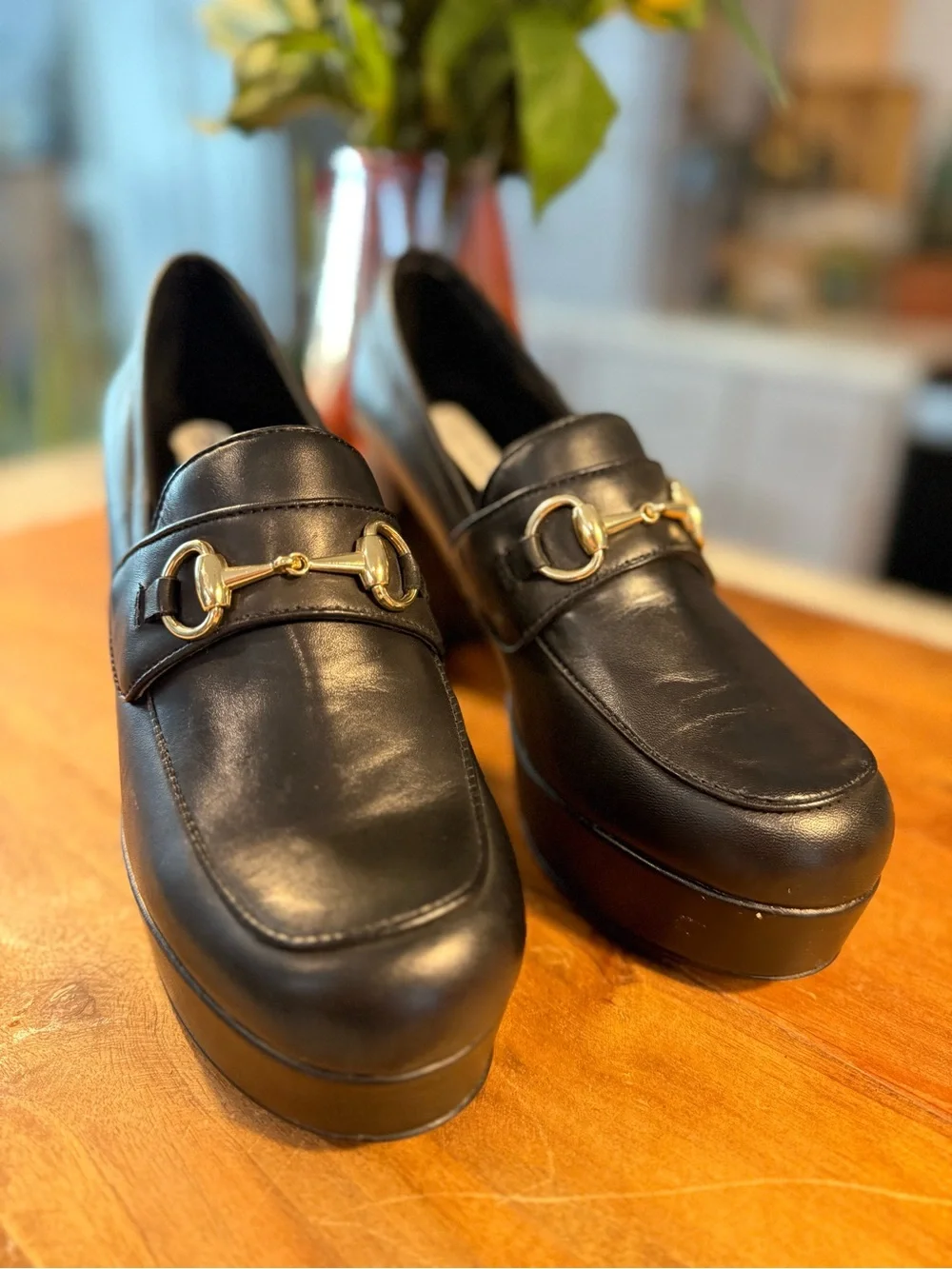 Steve Madden Cinderella Black Leather Platform Loafers with Gold Hardware